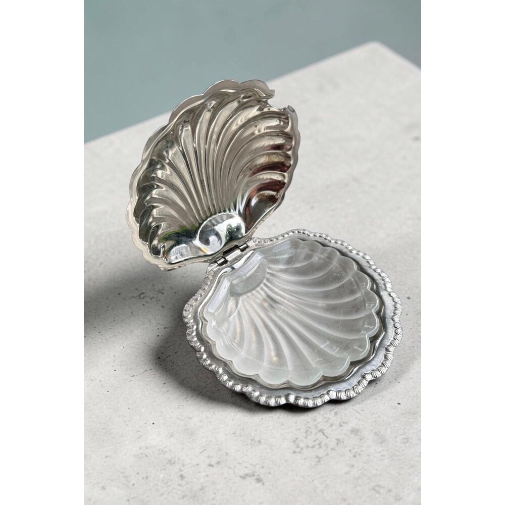 Vintage Silver Clamshell Caviar Dish with Glass Insert | Scallop Shell Server